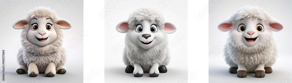Poster three cartoon lambs sit in a row, facing the viewer and smiling. each lamb has a different colored n