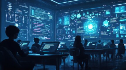 Fototapeta premium Futuristic Control Room: Silhouettes in a Technological Wonderland