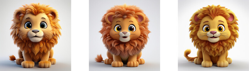 Three cartoon lion cubs with large eyes and fluffy manes sitting in different poses isolated on white background.