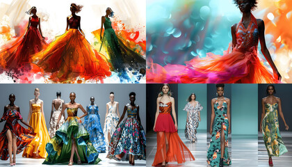 Fototapeta premium beautiful fashion models stylish dresses vibrant runway elegant poise modern fashion radiant al Generative AI