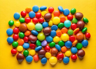 Obraz premium Colorful Silhouette of Candies on Bright Yellow Background - Vibrant Candy Display, Sweet Treats, Colorful Sweets, Silhouette Photography, Yellow Surface, Delicious Confectionery, Candy Art
