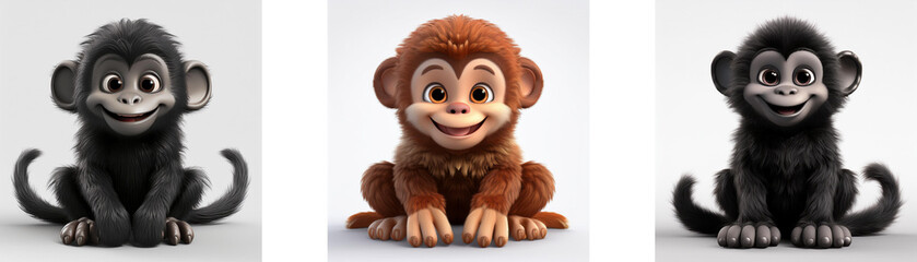 Obraz premium Three cartoon monkeys, in black, brown, and gray, are sitting in a row. They are all smiling with their eyes open. Isolated on white background.
