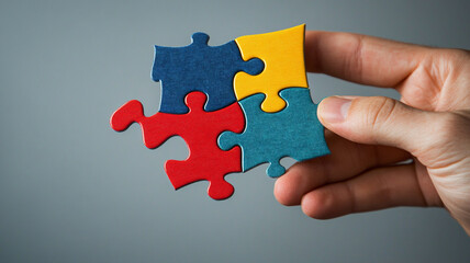 Teamwork puzzle: Hands connecting jigsaw pieces, symbolizing business solution and success