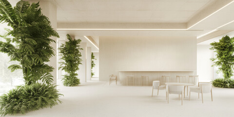 A modern interior space featuring lush greenery, minimalist furniture, and bright, airy atmosphere. design emphasizes natural light and tranquility, creating serene environment