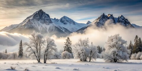 Obraz premium A frozen landscape with snow-covered trees and mist-shrouded mountain peaks, bathed in the golden light of dawn.