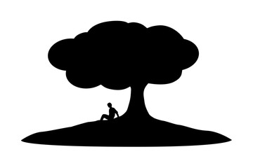 Silhouette of a man who stops to rest beneath the shade of a tree. Resting under the big tree. Natural environment conservation.