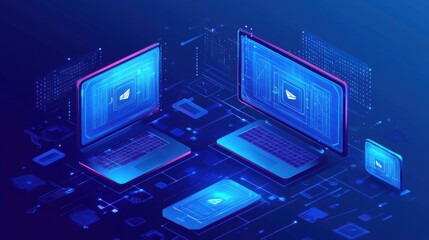 Isometric digital devices connected in a virtual network in blue tones