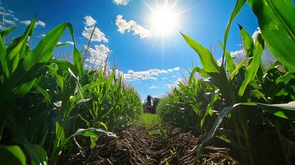 Obraz premium A view of a cornfield from a low angle, with the sun shining brightly in the sky.