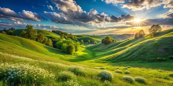 A sun-drenched valley with rolling green hills dotted with trees and white wildflowers beneath a sky of fluffy clouds and a radiant golden sun.