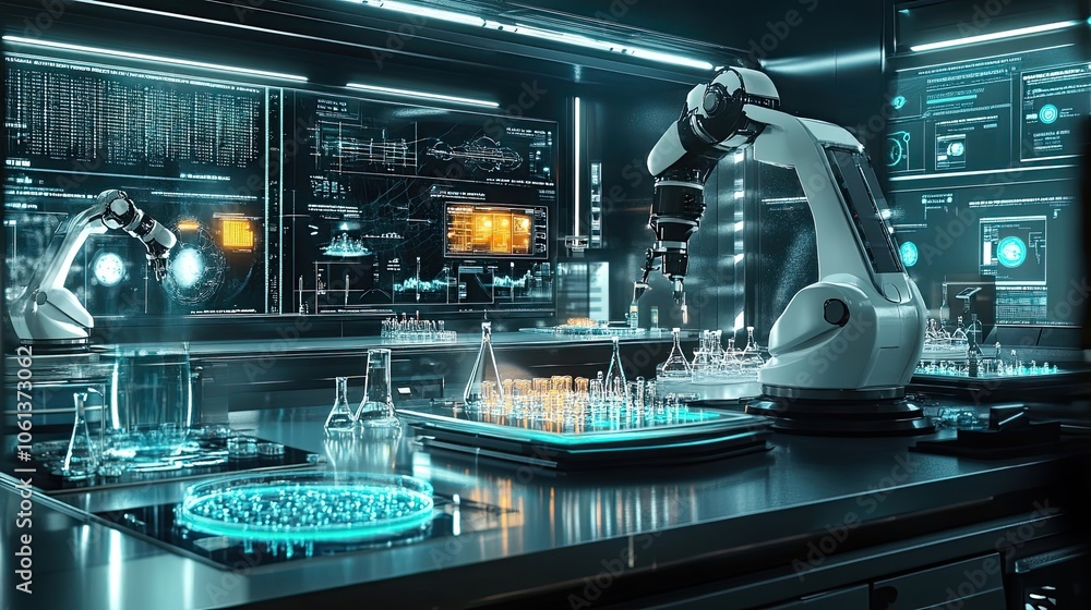 Poster robotic arm in a futuristic laboratory setting