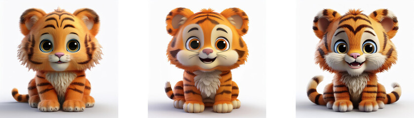 Three cartoon baby tigers are sitting and looking at the camera. They are isolated on a white background.