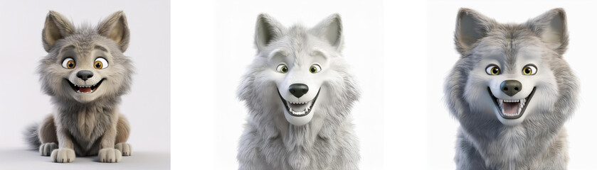 Obraz premium Three cartoon wolves, one gray, one white, and one gray and white, smiling and sitting. Isolated on white background.