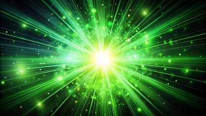 Naklejka premium A vibrant green and white explosion with sparkling particles and luminous rays of light bursting outwards from the center.