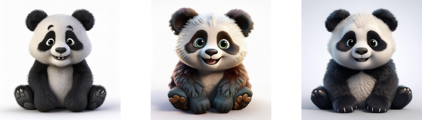 Three cartoon baby pandas in different poses, isolated on white background.