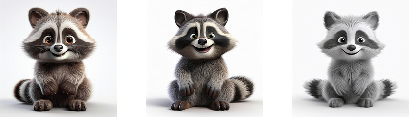 Obraz premium A cartoon raccoon with a friendly smile sits on its hind legs with its tail curled behind it, isolated on white background.