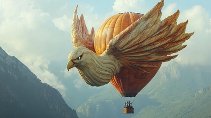 Hot Air Balloon Shaped Like an Eagle Flying Over Mountains