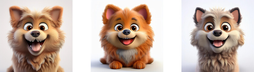 Obraz premium Three cartoon dogs with fluffy fur and big eyes smiling, isolated on white background.