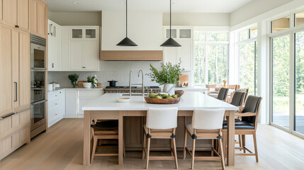 A modern kitchen featuring spacious island with seating, sleek cabinetry, and large windows that bring in natural light, creating warm and inviting atmosphere