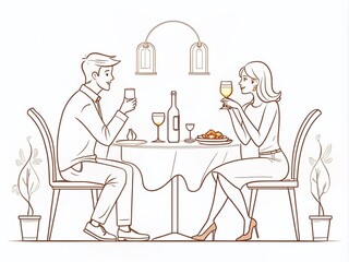 Continuous Line Drawing of Couple Dining in Restaurant - Editable Vector Illustration for Culinary and Lifestyle Themes