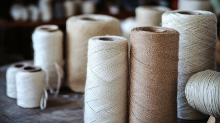 Spools of yarn in earthy tones: texture, craft, and natural fibers