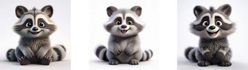 Obraz premium Three cartoon raccoons sitting on a white background.