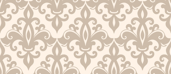 Beige and cream damask seamless pattern for wallpaper, classic vintage decor, ornate baroque design