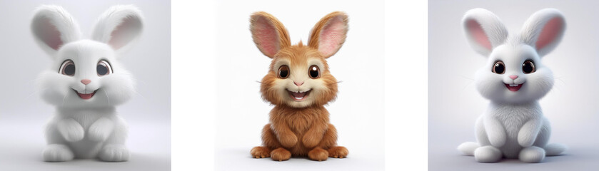 Fototapeta premium Three cartoon rabbits, one white and two brown, sitting and smiling, isolated on white background.