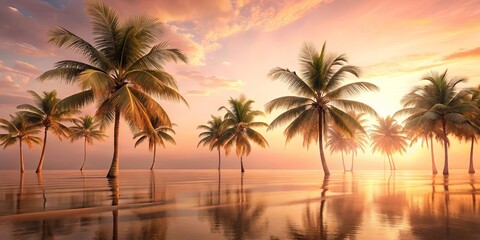 Golden Hour Serenity Palm Trees Mirrored in Calm Water, Bathed in the Warm Glow of a Sunset