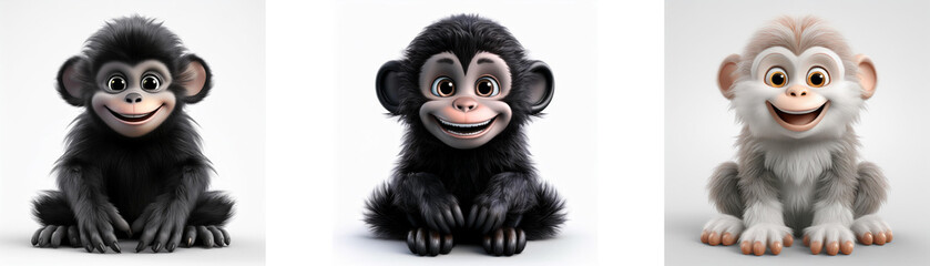 Three cartoon monkeys in different colors sitting in a row isolated on white background.