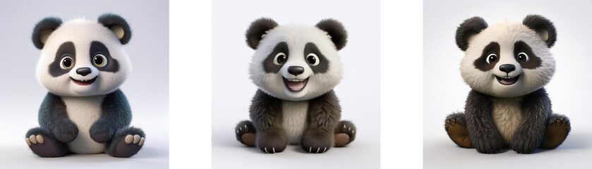 Fototapeta premium Three cartoon pandas in sitting poses, isolated on white background.