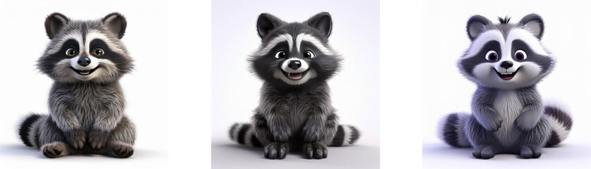 Obraz premium Three cartoon raccoons with black eyes, black noses, black masks, and ringed tails are sitting upright. isolated on white background.
