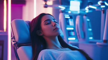 Woman experiencing ai-powered skincare treatment in high-tech setting