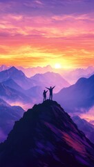 Silhouetted Couple on Mountain Peak Pointing at Colorful Sunrise, Panoramic View of Misty Mountains in Background, Travel Concept