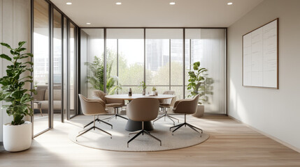 Fototapeta premium A modern office meeting room featuring round table surrounded by stylish chairs, large windows allowing natural light, and indoor plants creating refreshing atmosphere