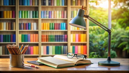Cozy Back to School Learning Space with Desk Lamp, Open Book, Watercolor Books, and Glasses for Vision Correction in a University Library Setting