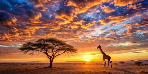Silhouetted Giraffe Against a Vibrant Sky of Crimson and Gold, With a Single Tree Standing Tall in the Vast Desert Landscape