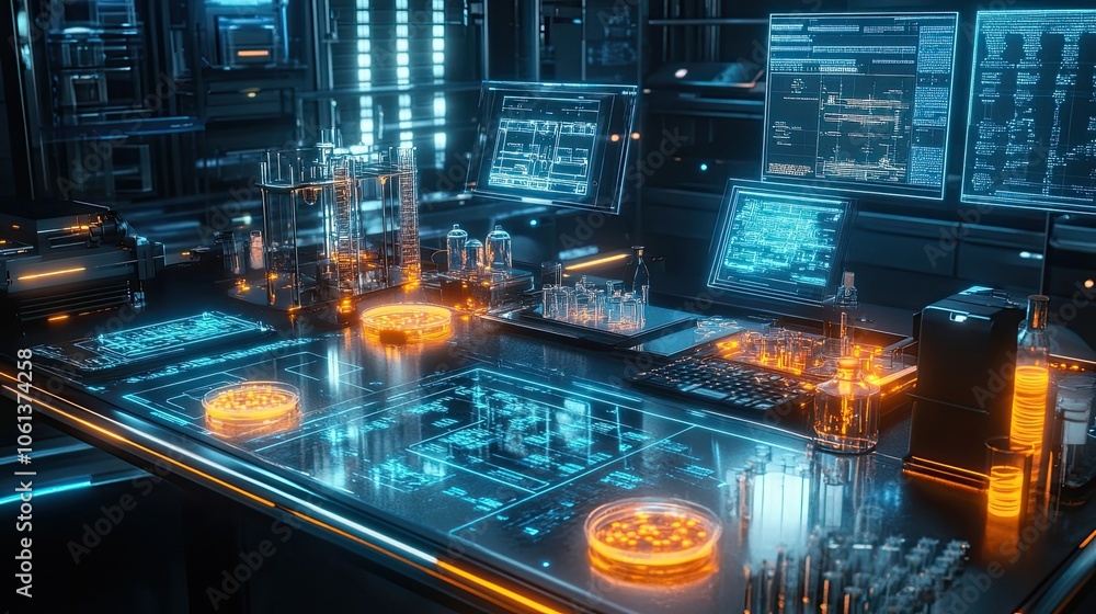 Poster futuristic laboratory with glowing beaker and computer displays