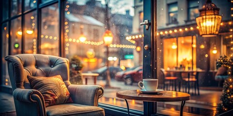 Obraz premium Dreamy Double Exposure of Misty Coffee Shop Window with Cozy Armchair Behind Glass, Evoking Warmth and Tranquility in a Serene Urban Setting