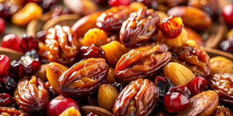 A Close-Up View of Dates, Almonds, Cranberries, and Other Dried Fruits, Creating a Visual Symphony of Textures and Colors