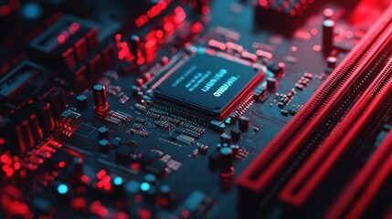 Fototapeta premium Close Up of Circuit Board with Red and Blue Lighting