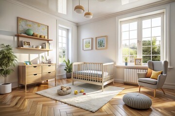 Cozy Child's Room with White Walls and Wooden Flooring, Featuring a Crib Bed in the Corner - Perfect for Urban Exploration Photography