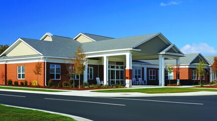 A modern building with a welcoming entrance and landscaped surroundings.