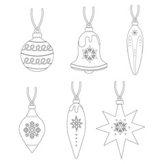 Vector set of black and white different styles Christmas decorations on a white background. Christmas decorations.