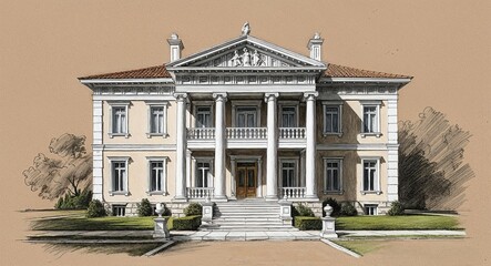 Obraz premium Elegant Greek revival house hand drawing