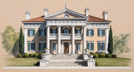 Obraz premium Elegant Greek revival house hand drawing
