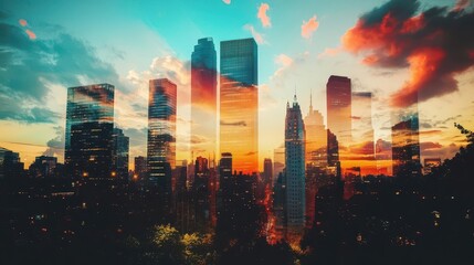 Obraz premium Dog silhouette, skyscrapers at dawn, double exposure, quiet city morning, peaceful vibe