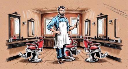 Hand drawing clipart of a barber man in a barbershop with chairs and mirrors