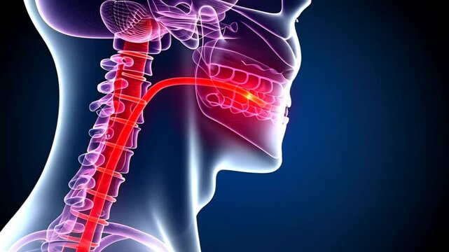 The illustration showcases the human respiratory system, focusing on the airways and throat structure with vibrant red highlights against a dark background, emphasizing its anatomy
