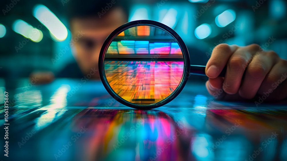 Poster print house employee inspecting printing process quality and color accuracy with a magnifying glass