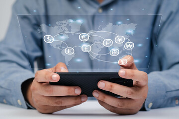 A person interacts with a smartphone displaying a digital world map and social network icons, symbolizing global connectivity.